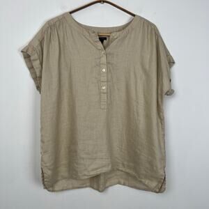 Ann Taylor Women’s S Tan‎ 100% Linen Framed Popover Short Sleeve Blouse Beige